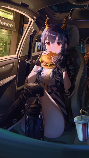 Anime girl eating a burger in a car