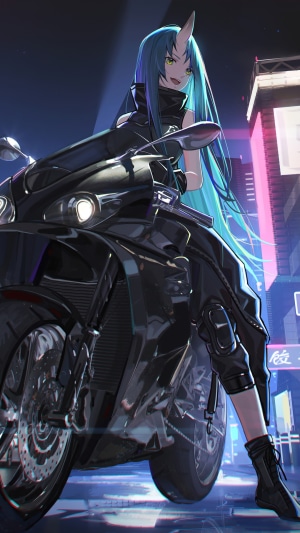 Hoshiguma from Arknights on a motorcycle in the city at night