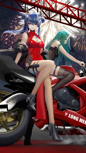 Chen and Hoshiguma from Arknights on a motorcycle