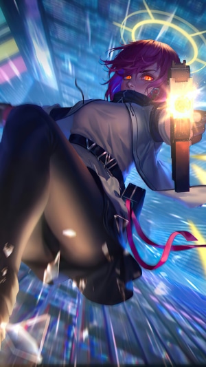 Exusiai from Arknights shooting a gun