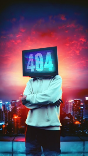 Man with 404 screen for a head in a city at sunset
