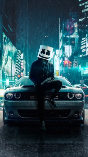 Marshmello DJ on car in rainy city