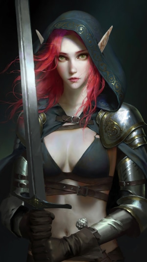 Elf warrior with red hair holding a sword