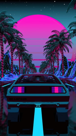 Retro car driving on a road with palm trees and neon mountains