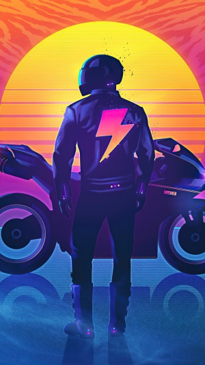 Biker with Lightning Jacket and Motorcycle at Sunset