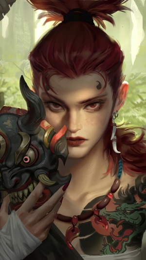 Woman with Oni Mask and Dragon Tattoo