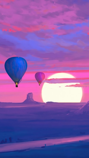 Hot Air Balloons over Desert Landscape at Sunset
