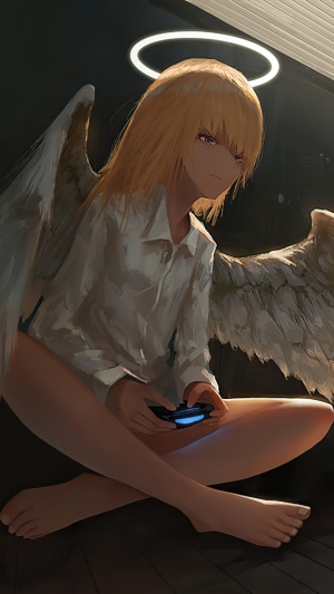 Anime Angel Gamer Holding Controller