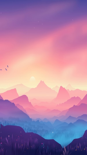 Minimalist digital art of colorful mountains at sunset