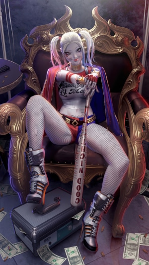 Harley Quinn from DC Comics sitting on a throne
