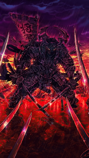 Samurai warrior in dark armor with swords and banner