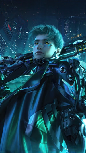 Cyberpunk soldier with futuristic weapon in neon city