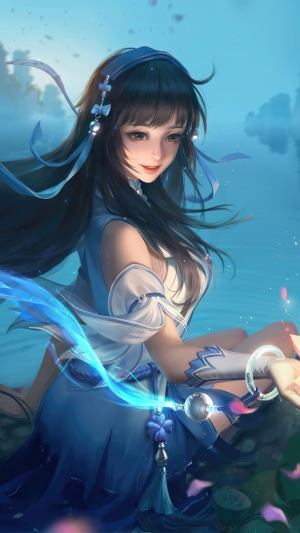 Beautiful fantasy girl with blue ribbons and lotus flowers