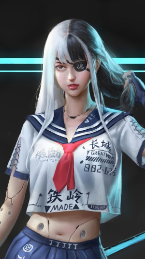 Cyberpunk girl with eye patch and school uniform