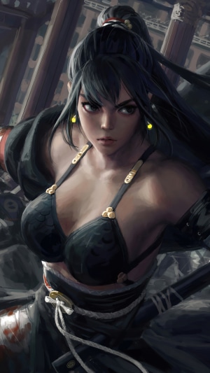 Fantasy warrior woman with black hair and sword