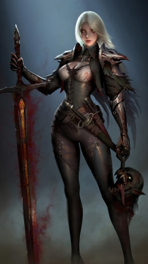 Warrior woman with sword and trophy