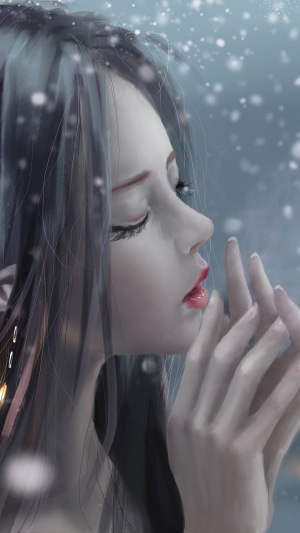 Elf girl with closed eyes in the snow
