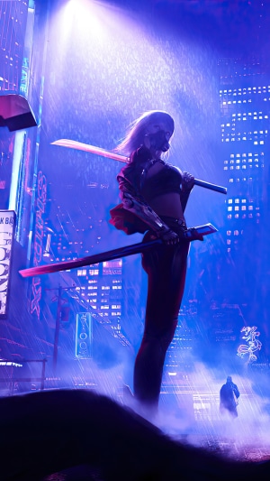 Cyberpunk woman with swords in a rainy neon city