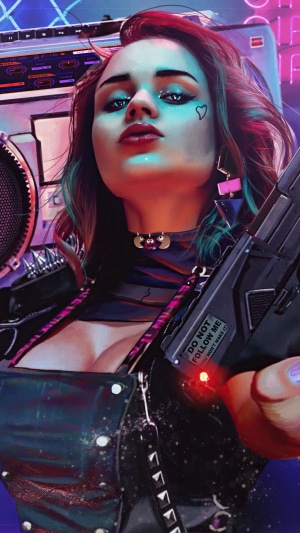 Cyberpunk girl with a gun and boombox