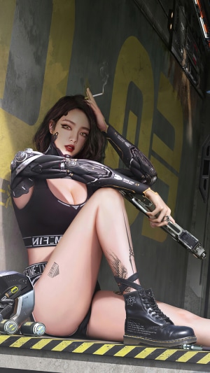 Cyberpunk girl with cybernetic arm holding a gun