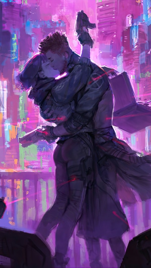 Cyberpunk couple kissing in a neon city