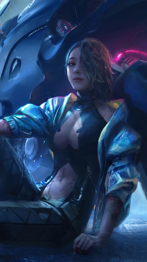 Cyberpunk girl in a futuristic vehicle