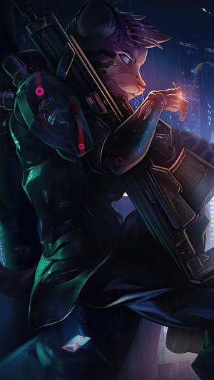 Cyberpunk soldier with rifle in rainy city