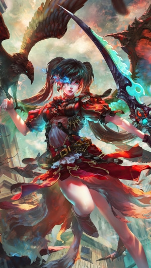 Anime girl warrior with sword and birds
