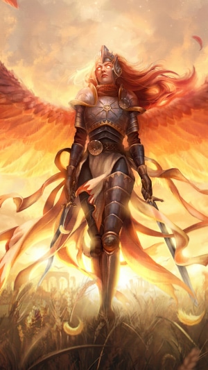 Warrior Angel with Fiery Wings and Swords