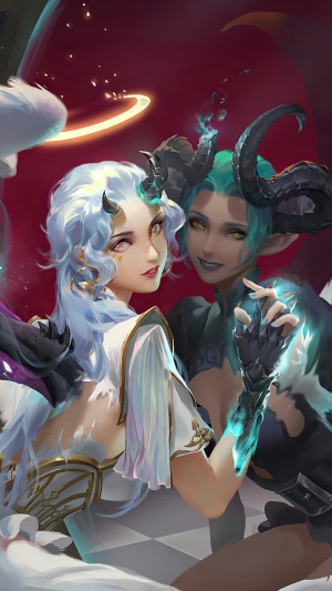 Angel and Demon Girls with Horns and Wings