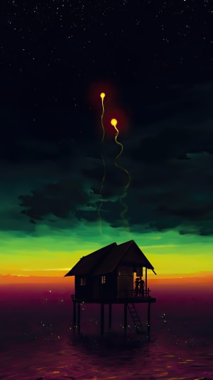 Couple in a stilt house under starry sky with glowing orbs