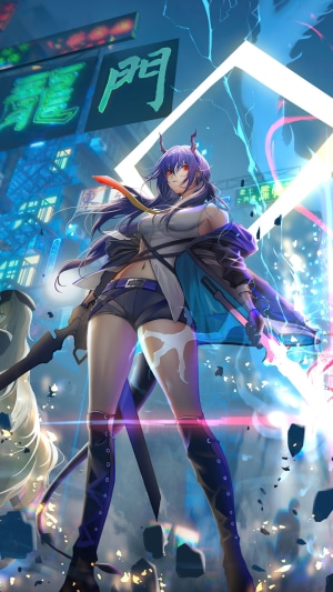 Chen from Arknights in a neon city