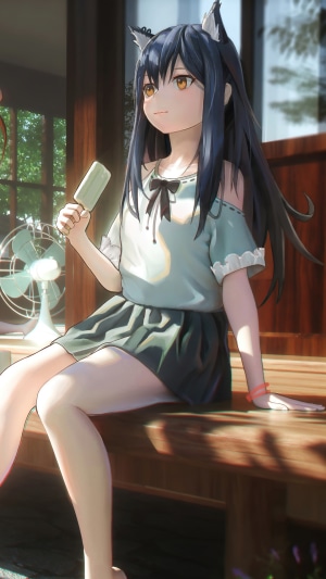 Anime girl with cat ears eating popsicle