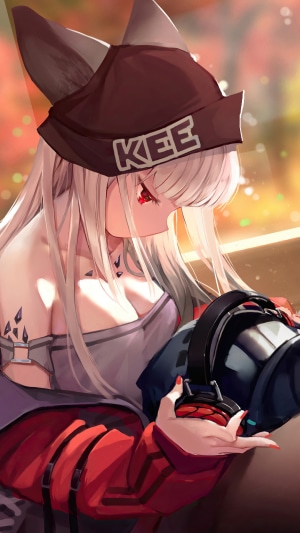 Frostleaf from Arknights holding headphones