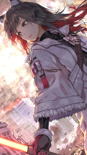 Texas from Arknights holding a glowing weapon