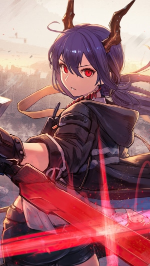 Anime girl with horns and red eyes holding a sword