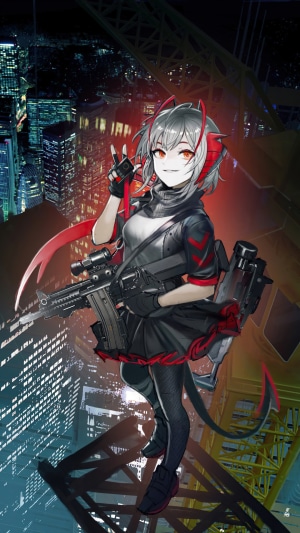 W from Arknights in a city at night