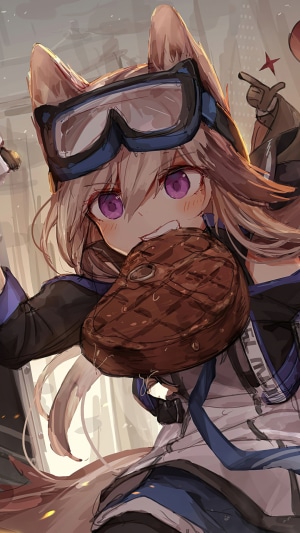Cardigan from Arknights eating steak