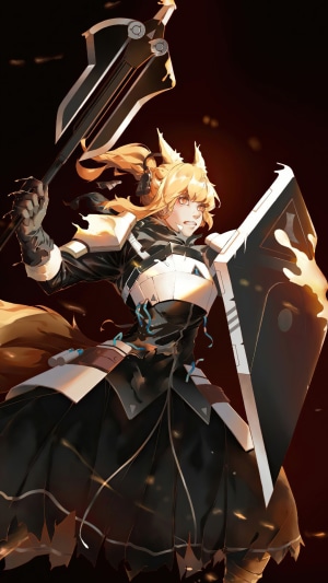 Nearl from Arknights holding a shield and axe
