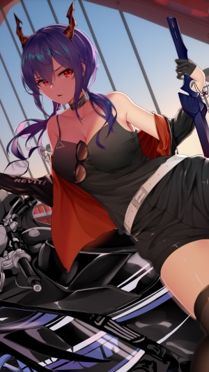 Chen from Arknights on a motorcycle