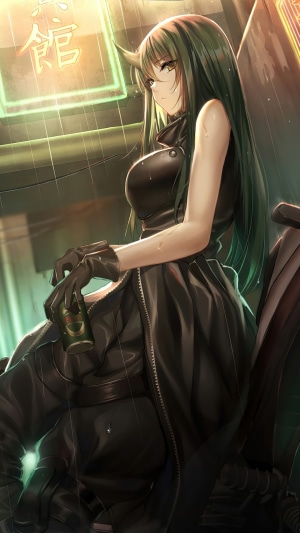 Hoshiguma from Arknights on a motorcycle in the rain