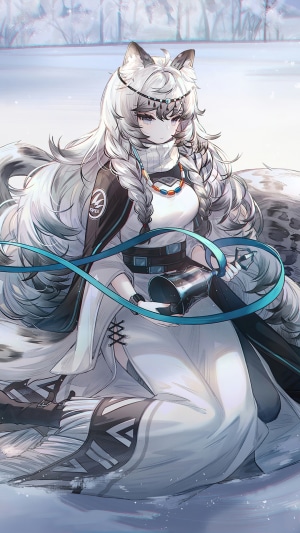 Pramanix from Arknights in a snowy environment