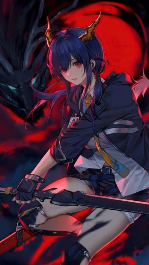 Chen from Arknights with Dragon and Red Moon