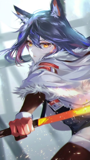 Texas from Arknights holding a glowing sword