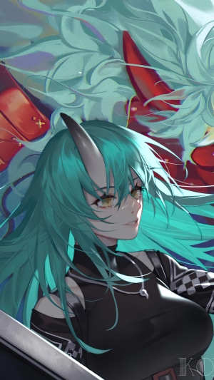 Hoshiguma from Arknights with Teal Hair and Horns