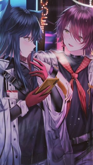 Texas and Exusiai from Arknights in a city at night