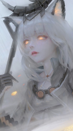 Anime girl with white hair and glowing eyes from Arknights