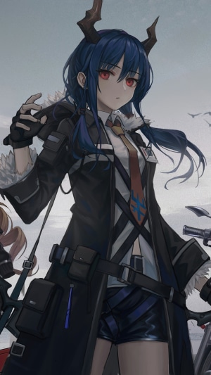 Anime girl with blue hair and horns from Arknights