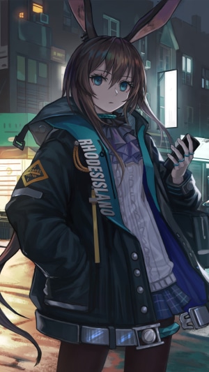 Anime girl with bunny ears in a city at night