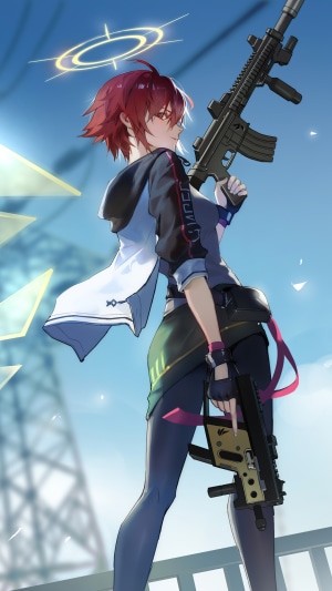 Exusiai from Arknights holding rifles
